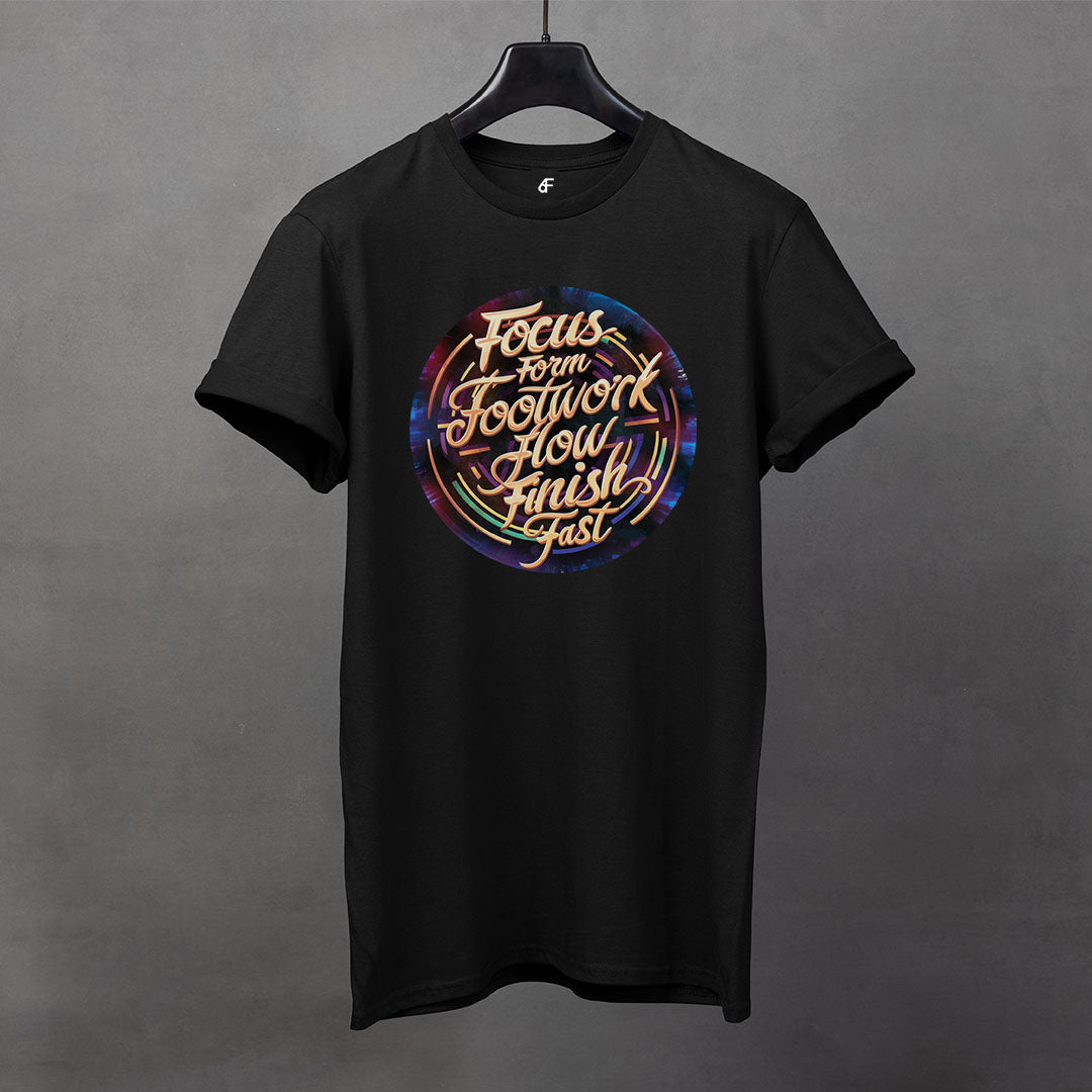 Training t-shirt featuring 6F mindset pillars like Focus and Form, worn by athletes