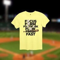 Thumbnail for Cornsilk yellow t-shirt with black stacked text and baseball design integrated into words – motivational 6F tee for athletes and fans of the game