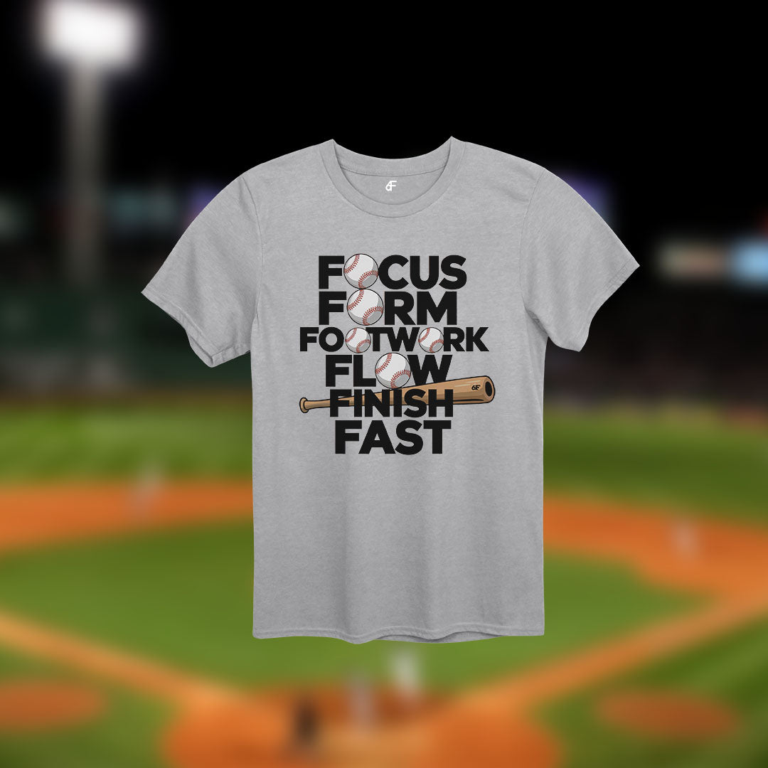 Sport gray t-shirt with bold black stacked 6F pillars and integrated baseball elements – performance and motivational tee for the diamond