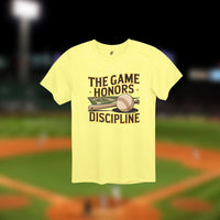 Thumbnail for Cornsilk yellow t-shirt with vintage “The Game Honors Discipline” text and baseball diamond, bat, and ball graphic – retro motivational shirt for baseball fans and players