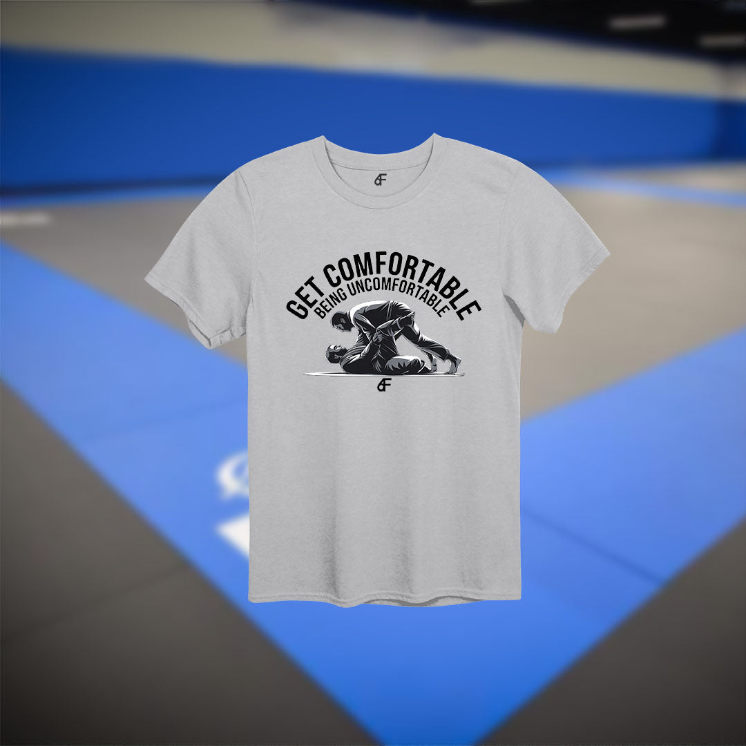 Ice gray shirt featuring black BJJ illustration and motivational grappling quote – lightweight and ideal for rolling or recovery