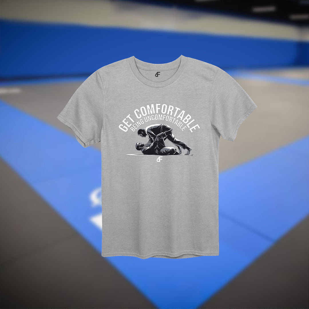 Sport gray shirt with contrasting grappling artwork and mindset quote – great for training or casual wear