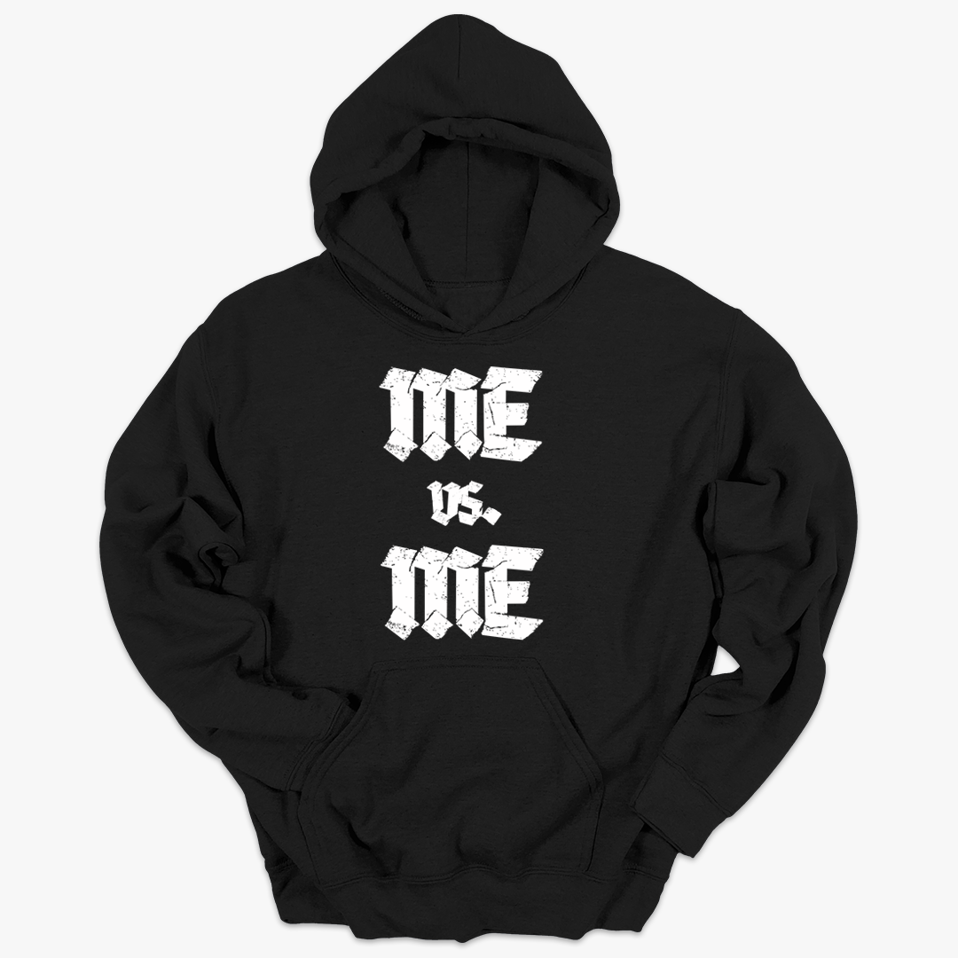 Black hoodie with 'ME VS. ME' text on a white background