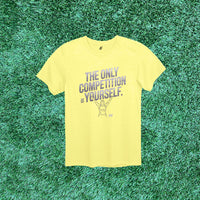 Thumbnail for Corn silk, yelllow, colored tee with motivational quote and woman in a winning pose – empowering athletic shirt for women